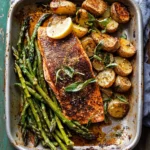 Lemon Brown Butter Salmon and Potatoes with Parmesan Asparagus