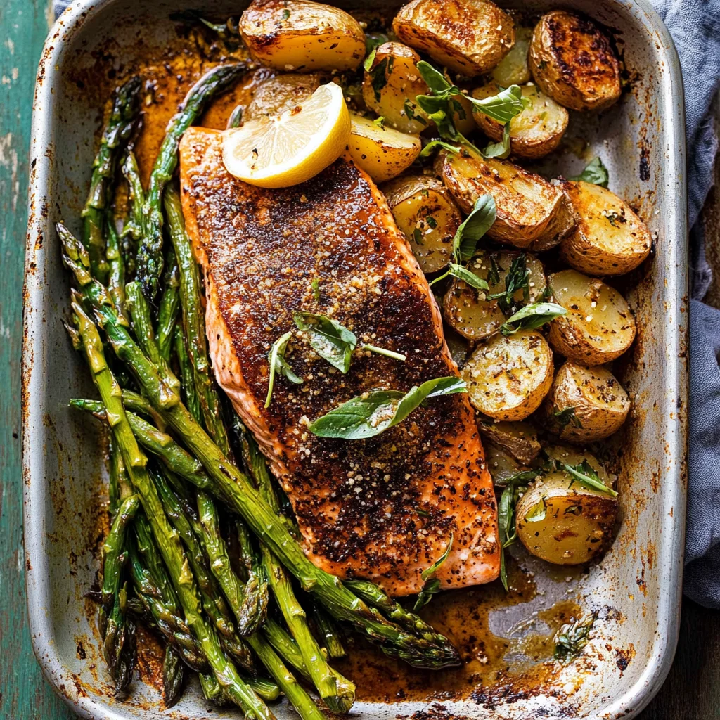 Lemon Brown Butter Salmon and Potatoes with Parmesan Asparagus