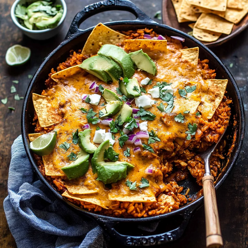 One Skillet Saucy Chicken Tortilla Enchilada Rice Bake