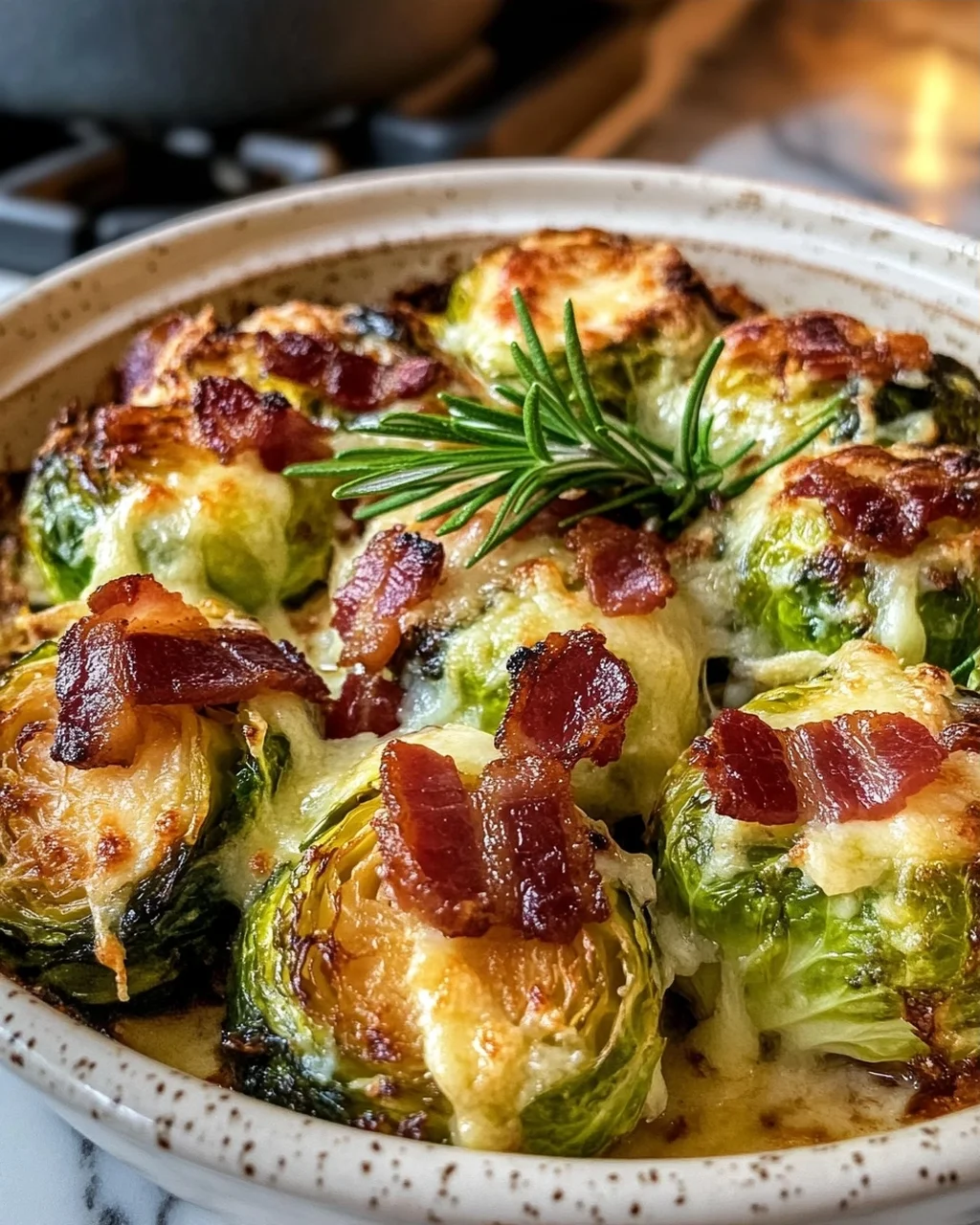 Baked Brussels Sprouts with Bacon and Cheese