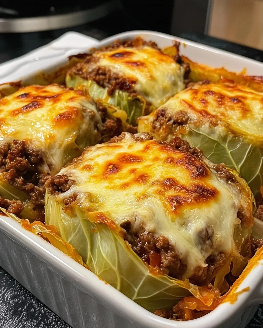 Baked Cabbage Rolls with Cheese and Meat Filling
