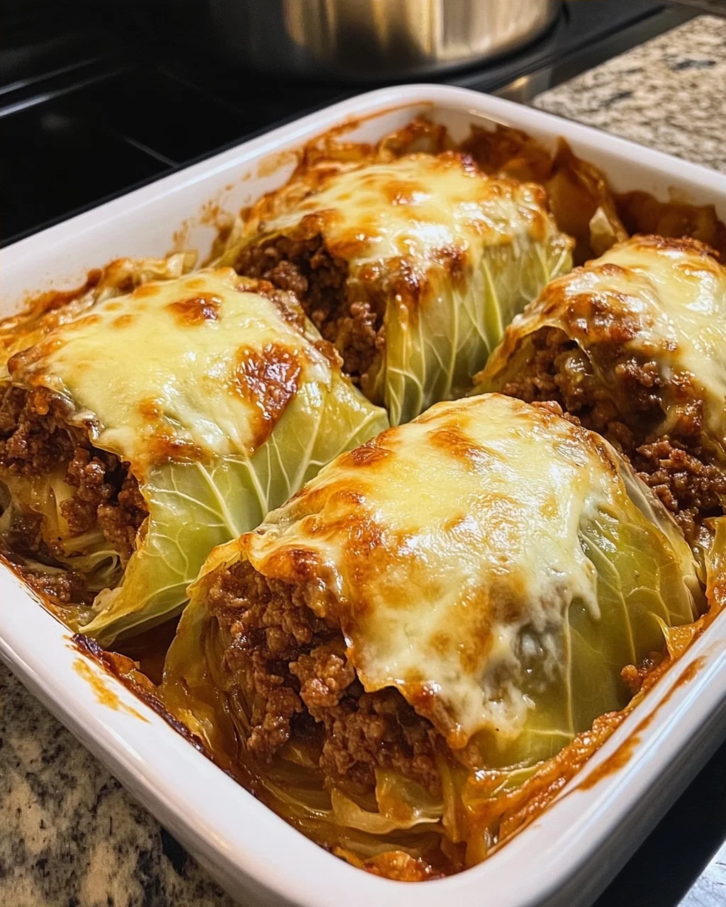 Baked Cabbage Rolls with Cheese and Meat Filling
