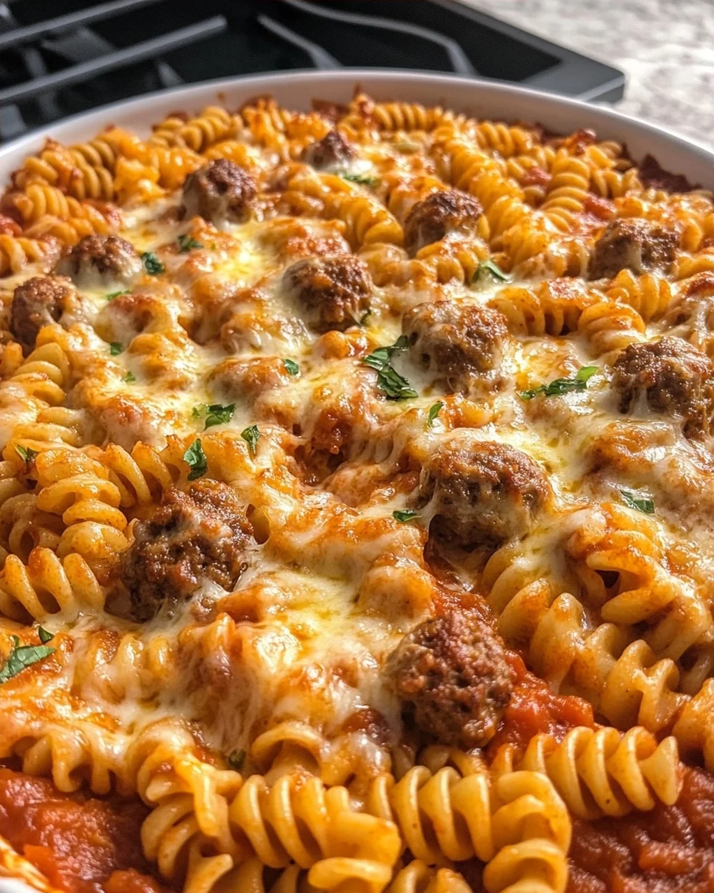 Baked Fusilli with Mini Meatballs and Mozzarella