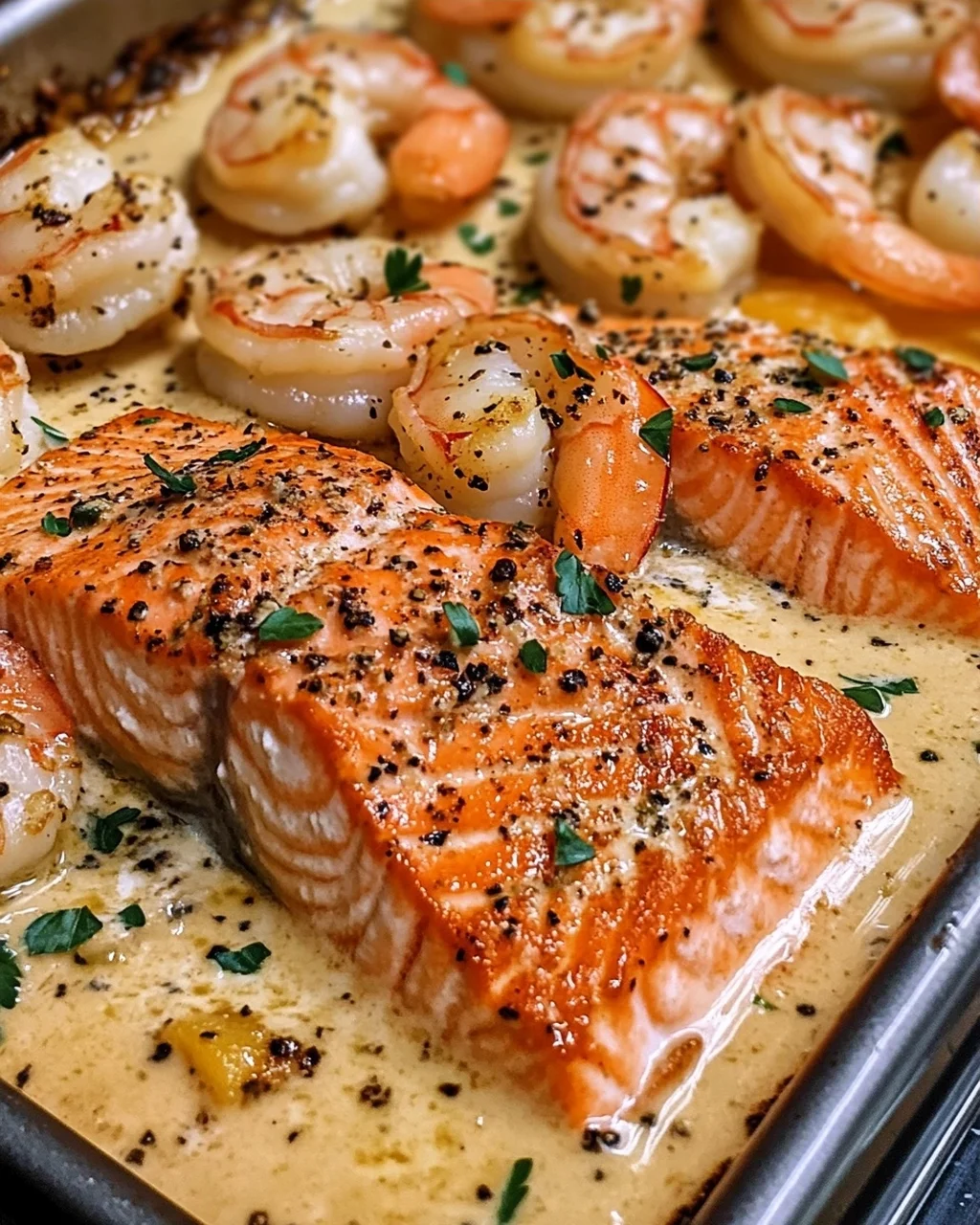 Baked Salmon and Shrimp in Creamy Sauce