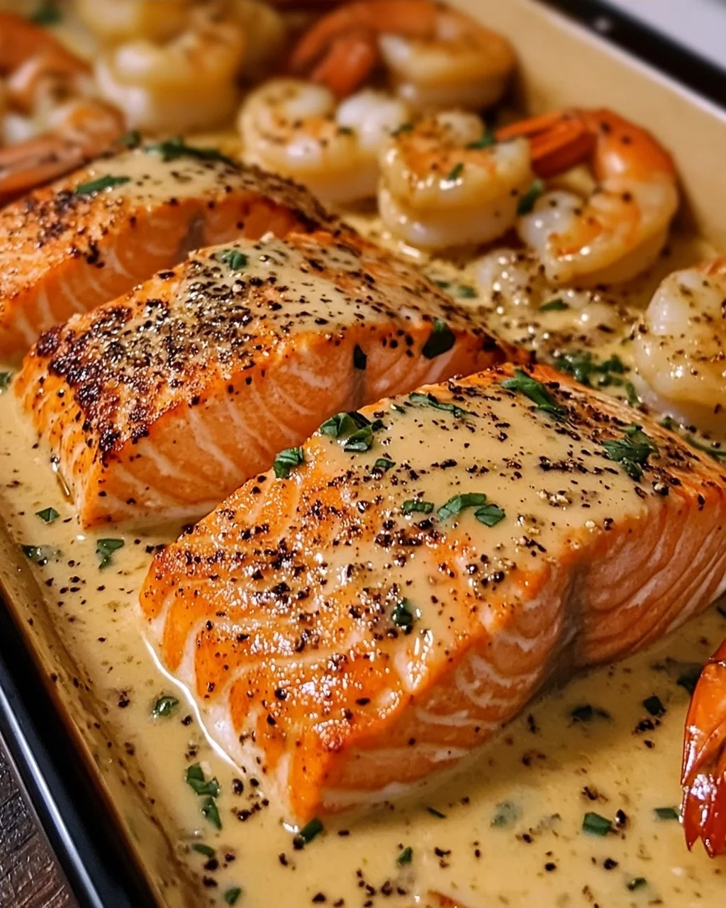 Baked Salmon and Shrimp in Creamy Sauce