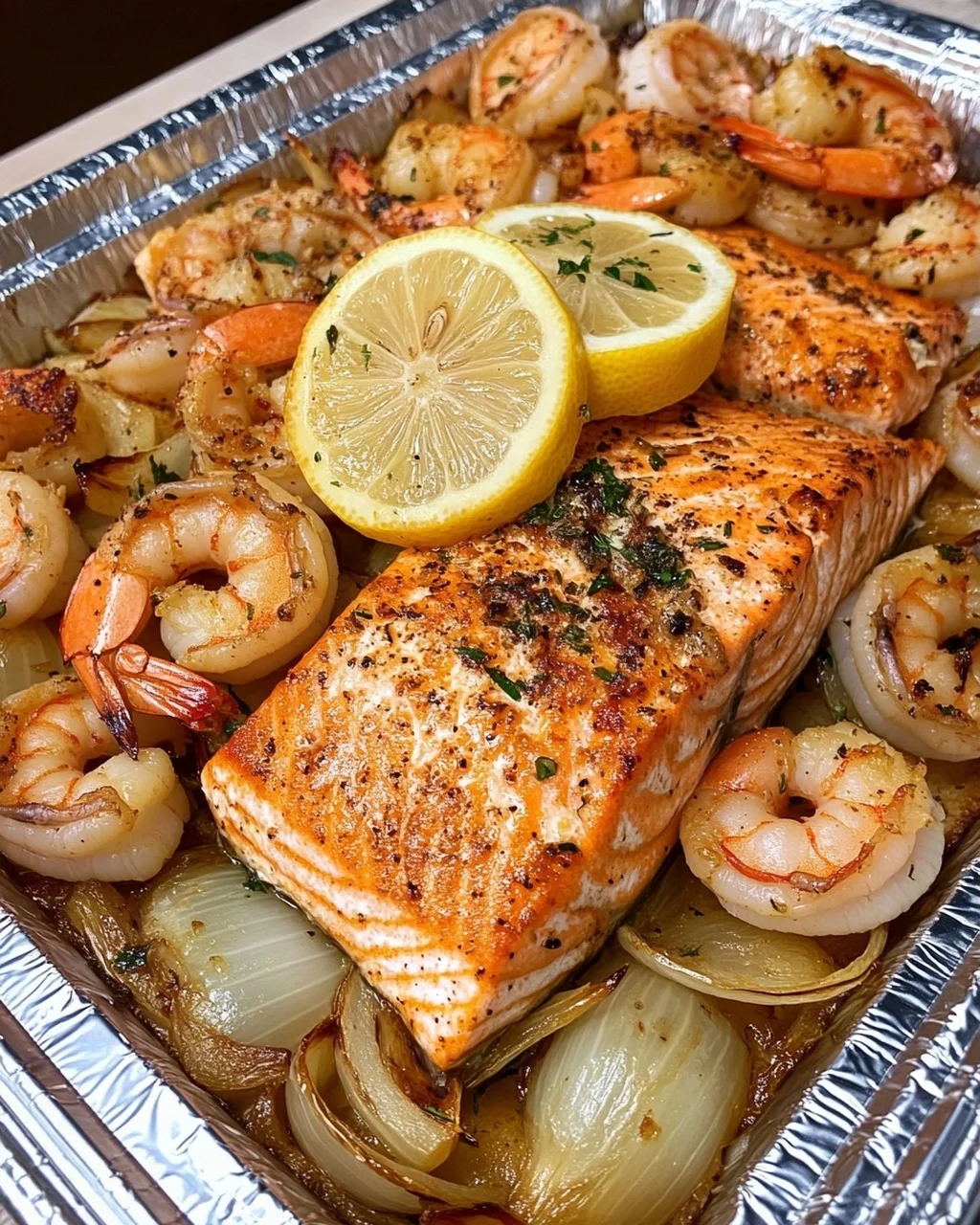 Baked Salmon and Shrimp with Onions