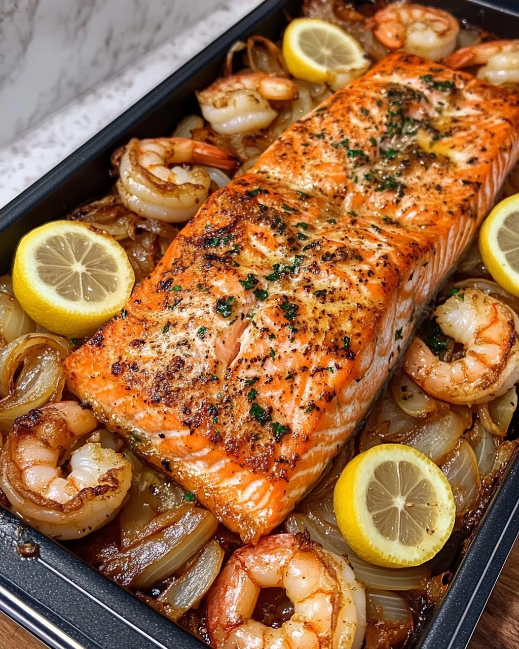 Baked Salmon and Shrimp with Onions