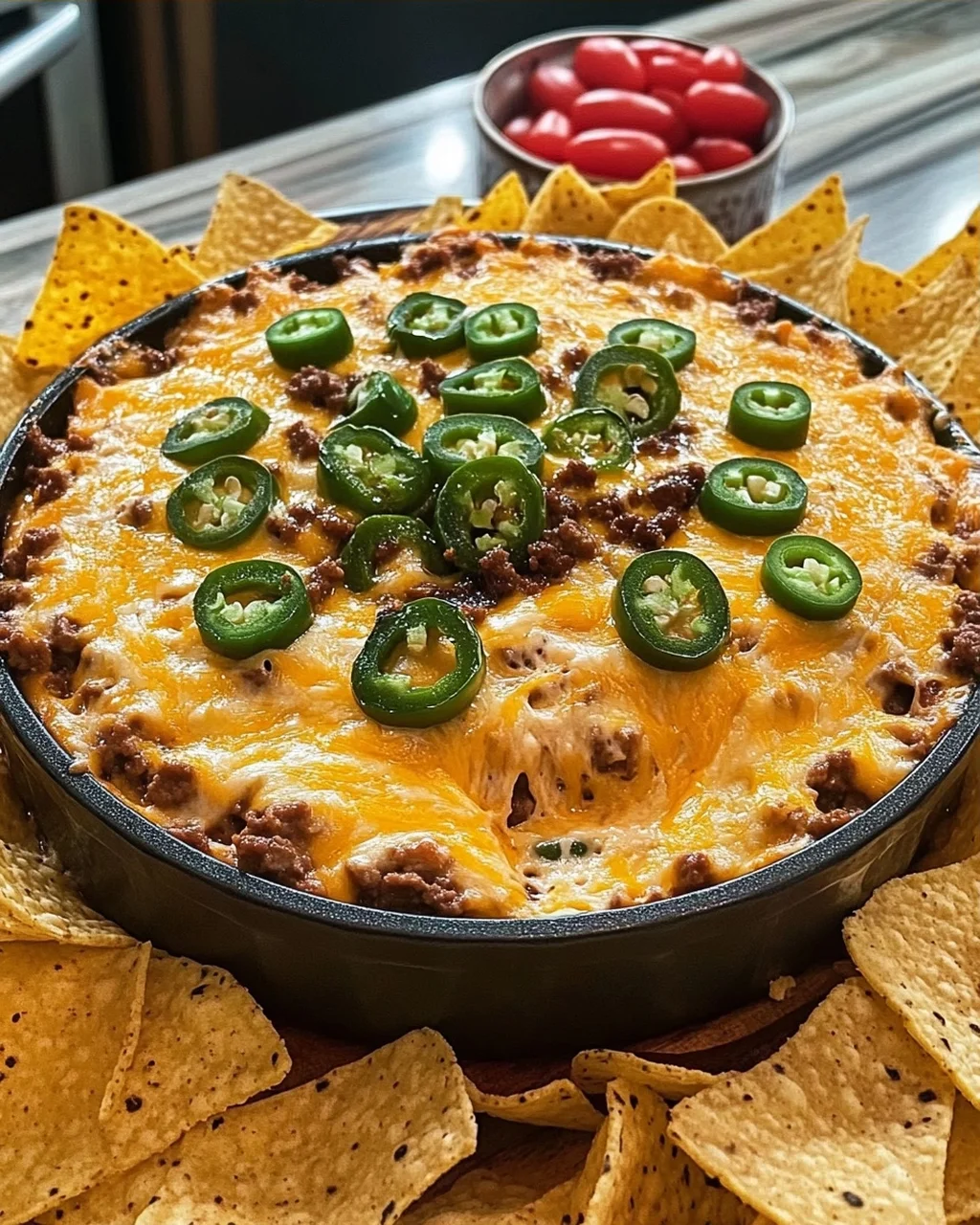 Cheeseburger Dip with Jalapeños and Tortilla Chips