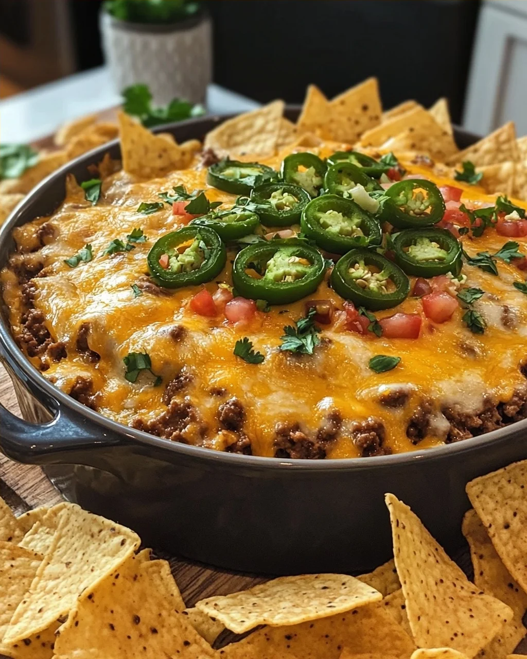 Cheeseburger Dip with Jalapeños and Tortilla Chips