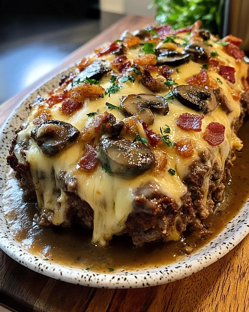 Cheesy Bacon & Mushroom Meatloaf with Garlic Butter Gravy