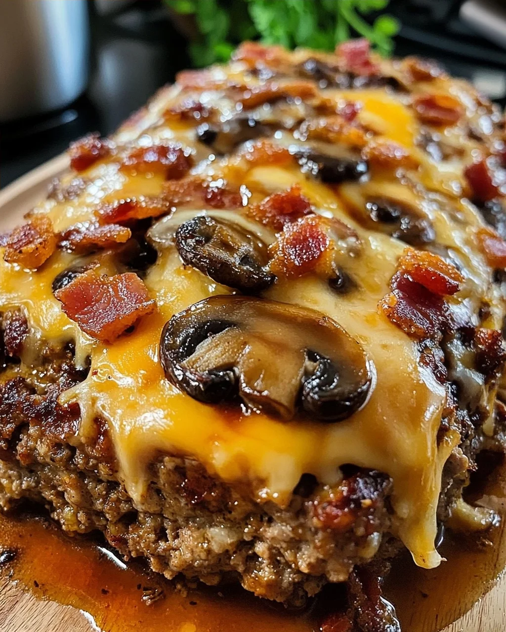 Cheesy Bacon & Mushroom Meatloaf with Garlic Butter Gravy