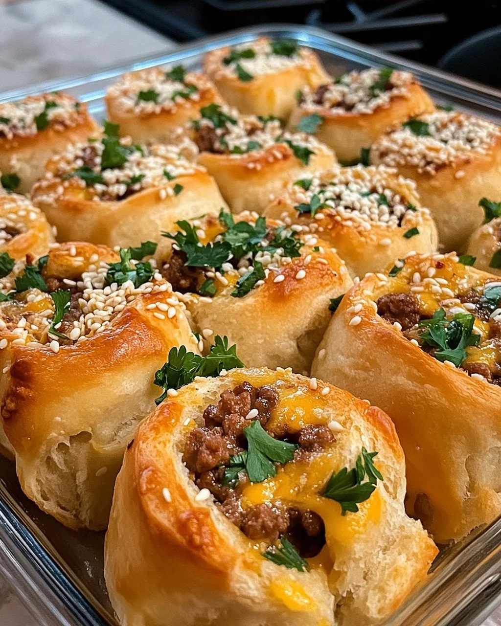 Cheesy Beef Rolls with Sesame and Parsley