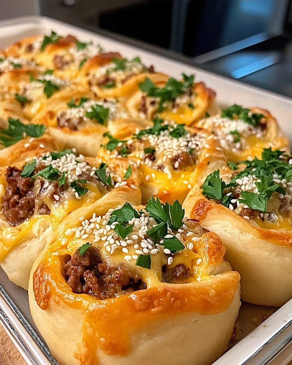 Cheesy Beef Rolls with Sesame and Parsley