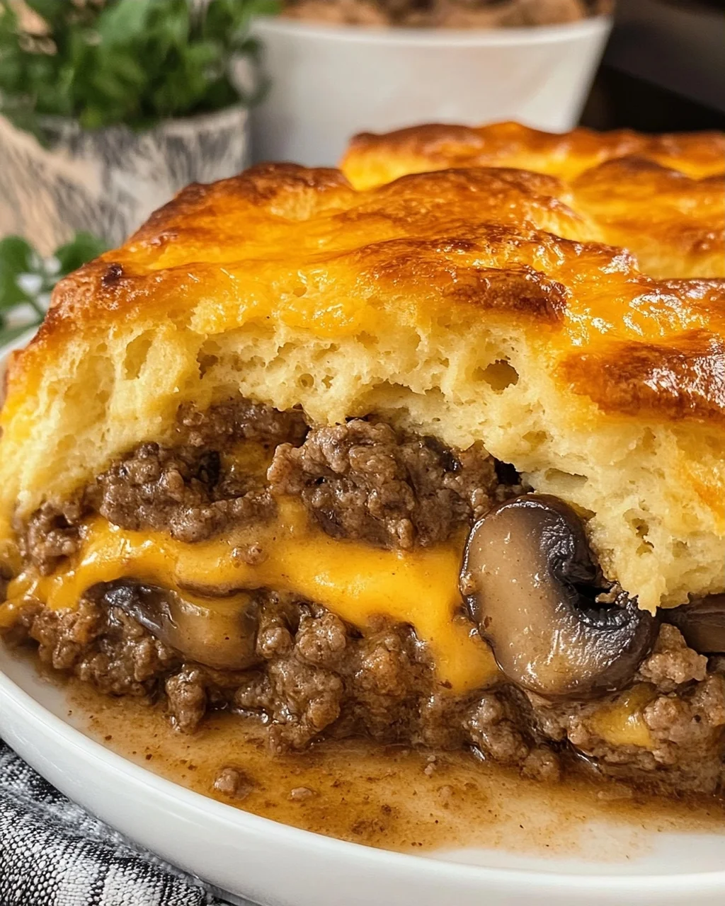 Cheesy Beef and Mushroom Biscuit Casserole