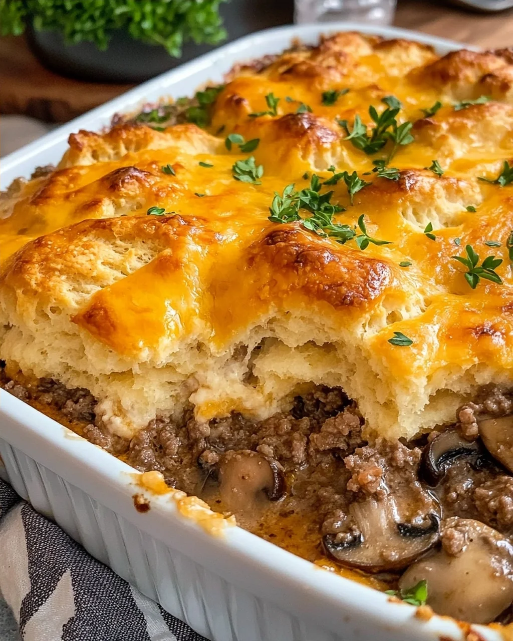 Cheesy Beef and Mushroom Biscuit Casserole
