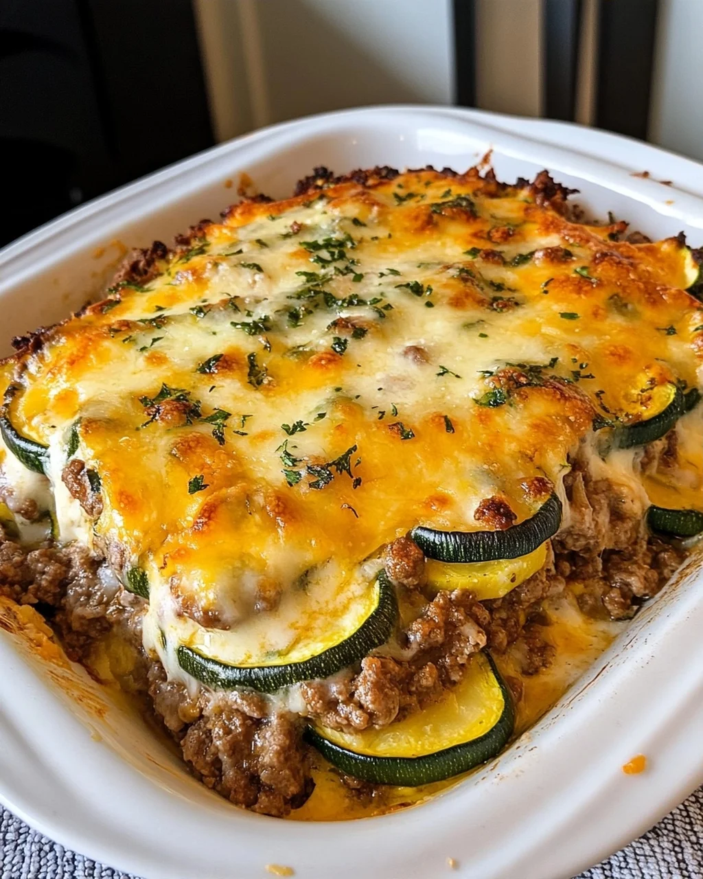 Cheesy Ground Beef, Zucchini & Yellow Squash Casserole