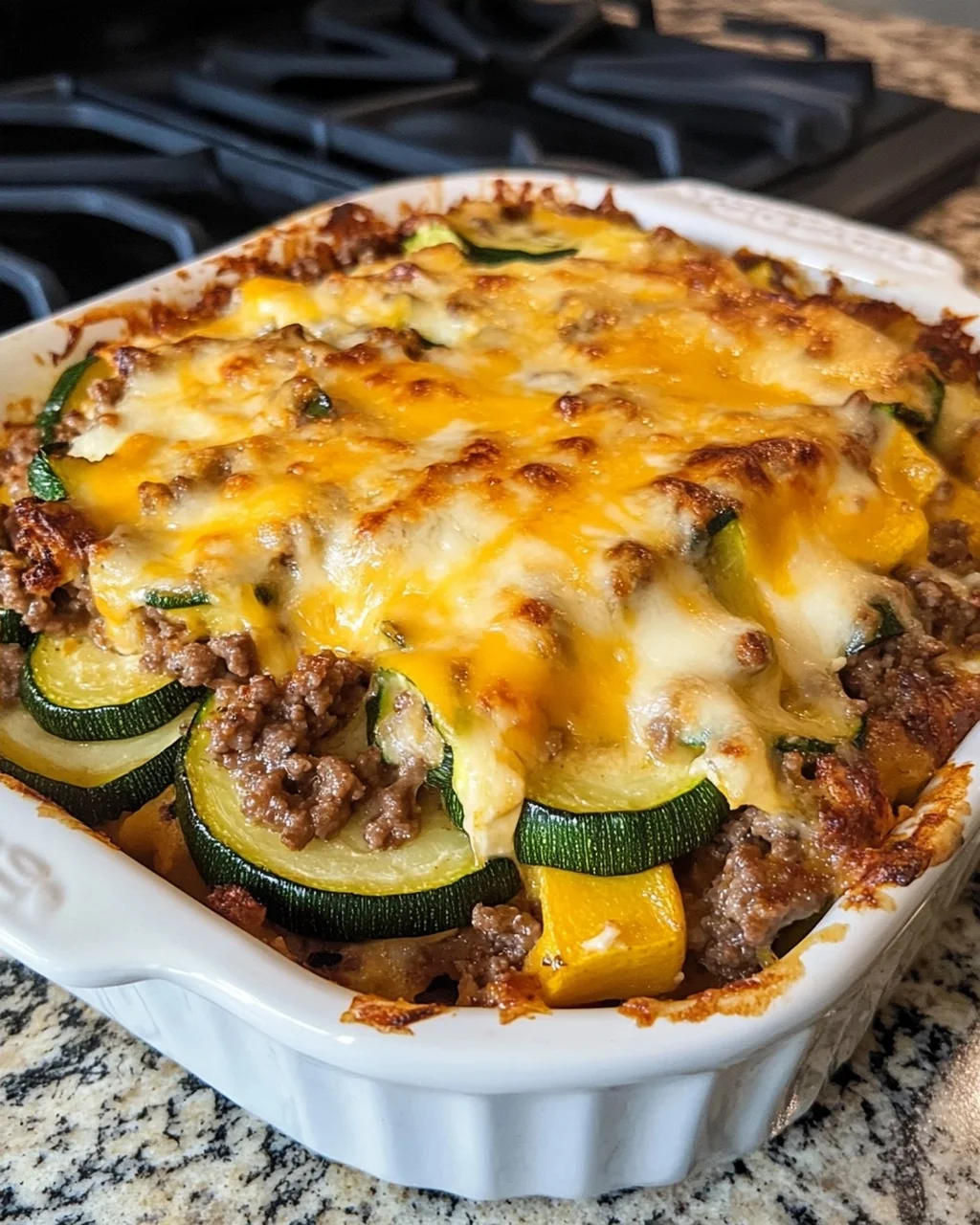 Cheesy Ground Beef, Zucchini & Yellow Squash Casserole