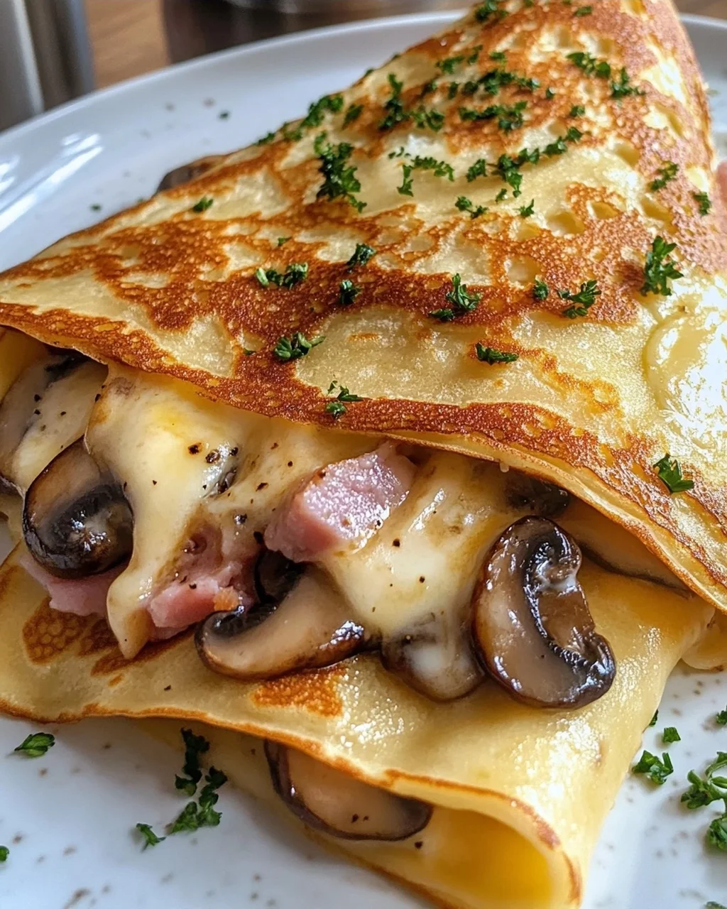 Cheesy Ham & Mushroom Stuffed Crepes