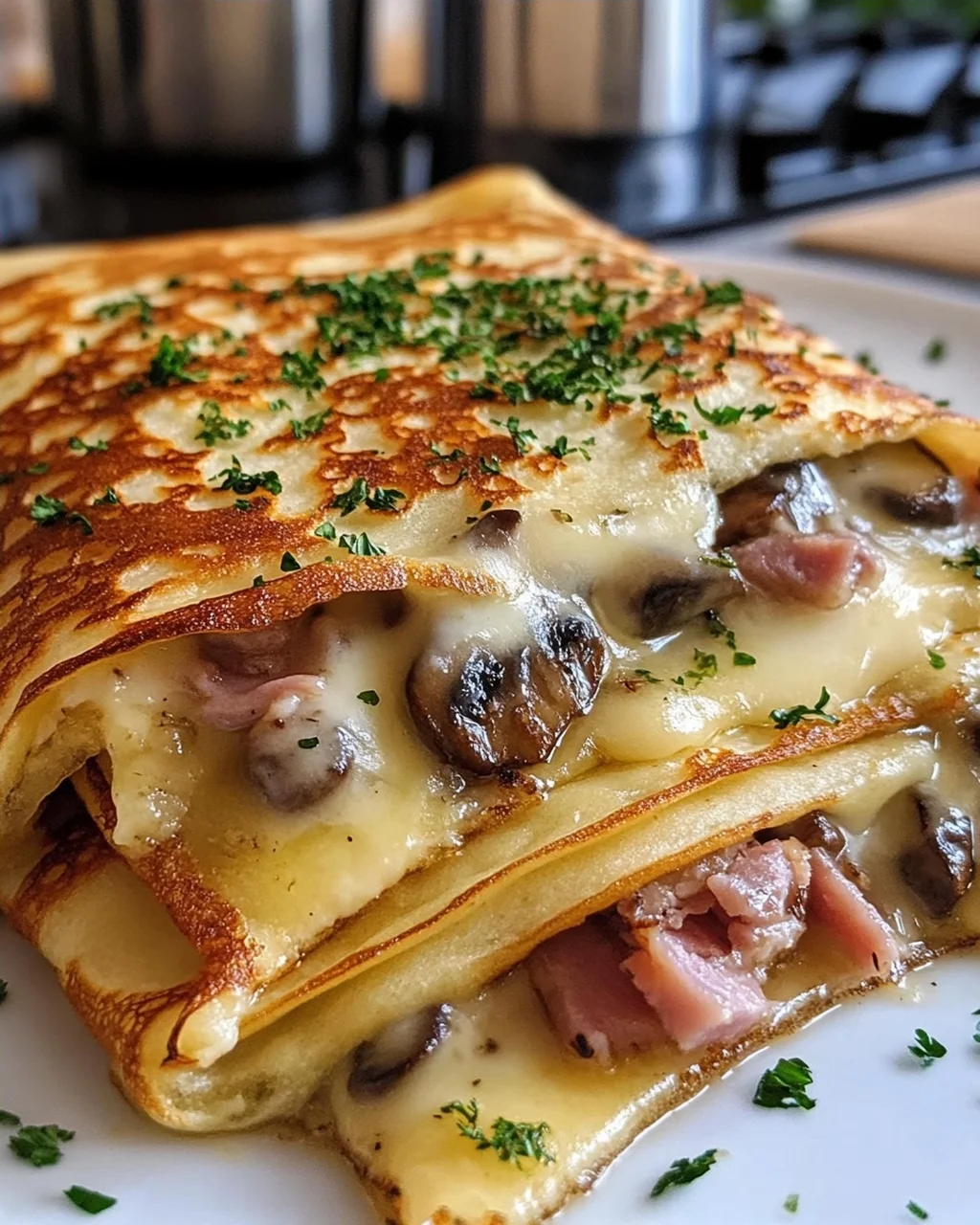 Cheesy Ham & Mushroom Stuffed Crepes