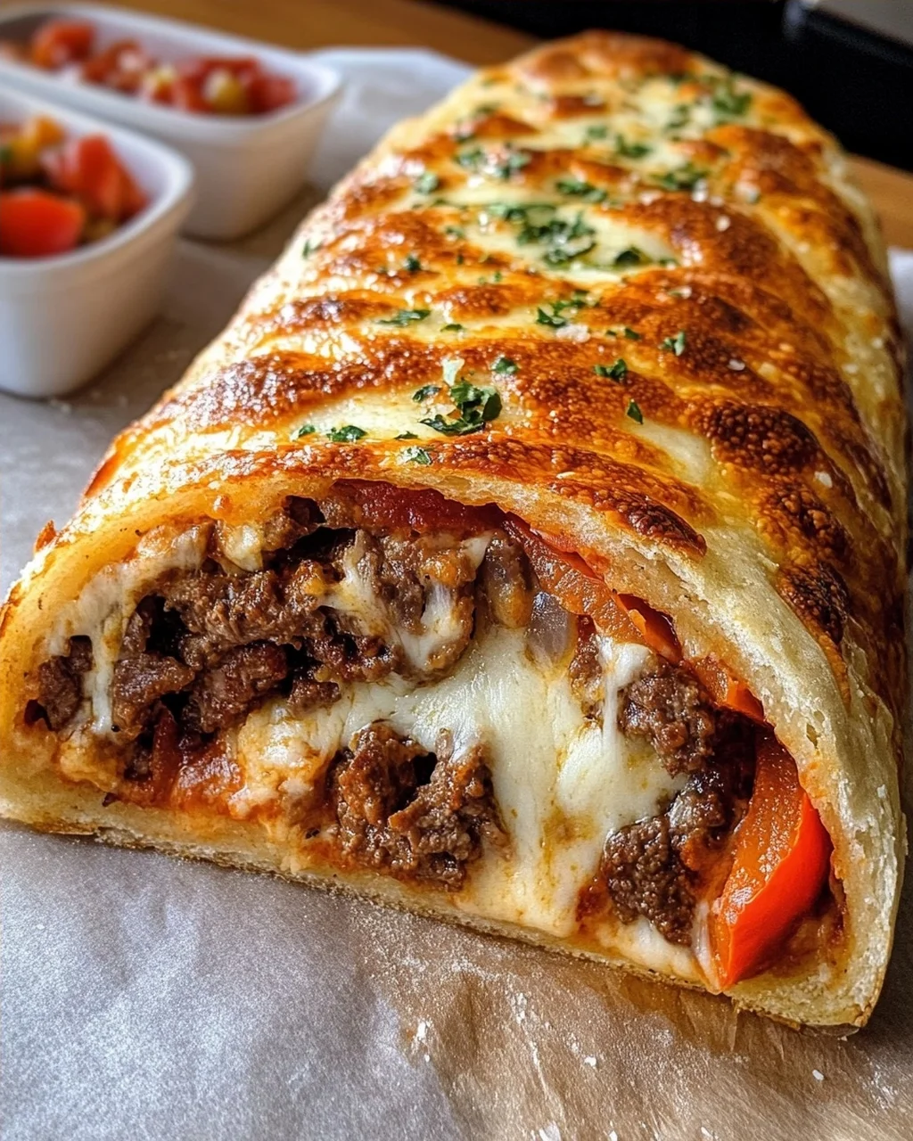 Cheesy Italian Beef & Pepper Stuffed Stromboli
