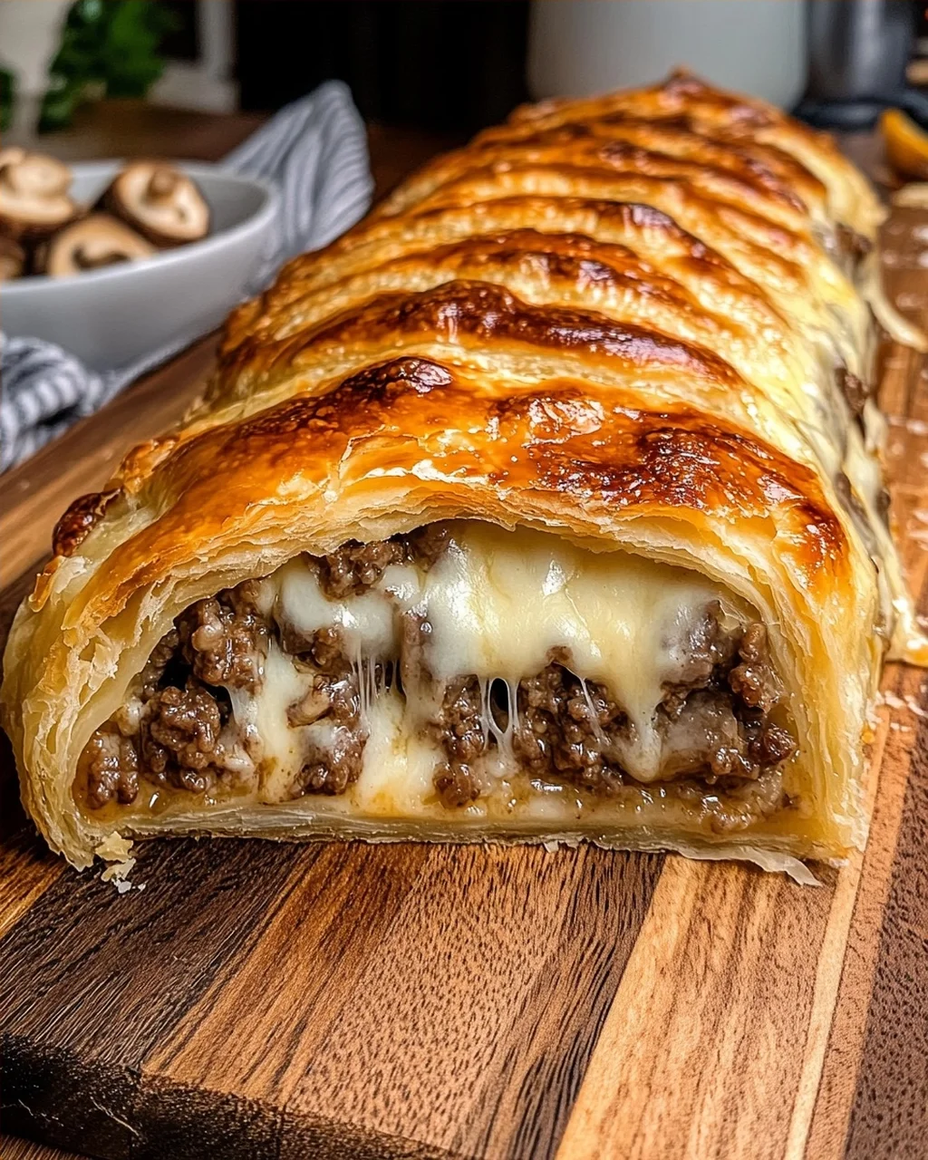 Cheesy Meat and Mushroom Stuffed Pastry