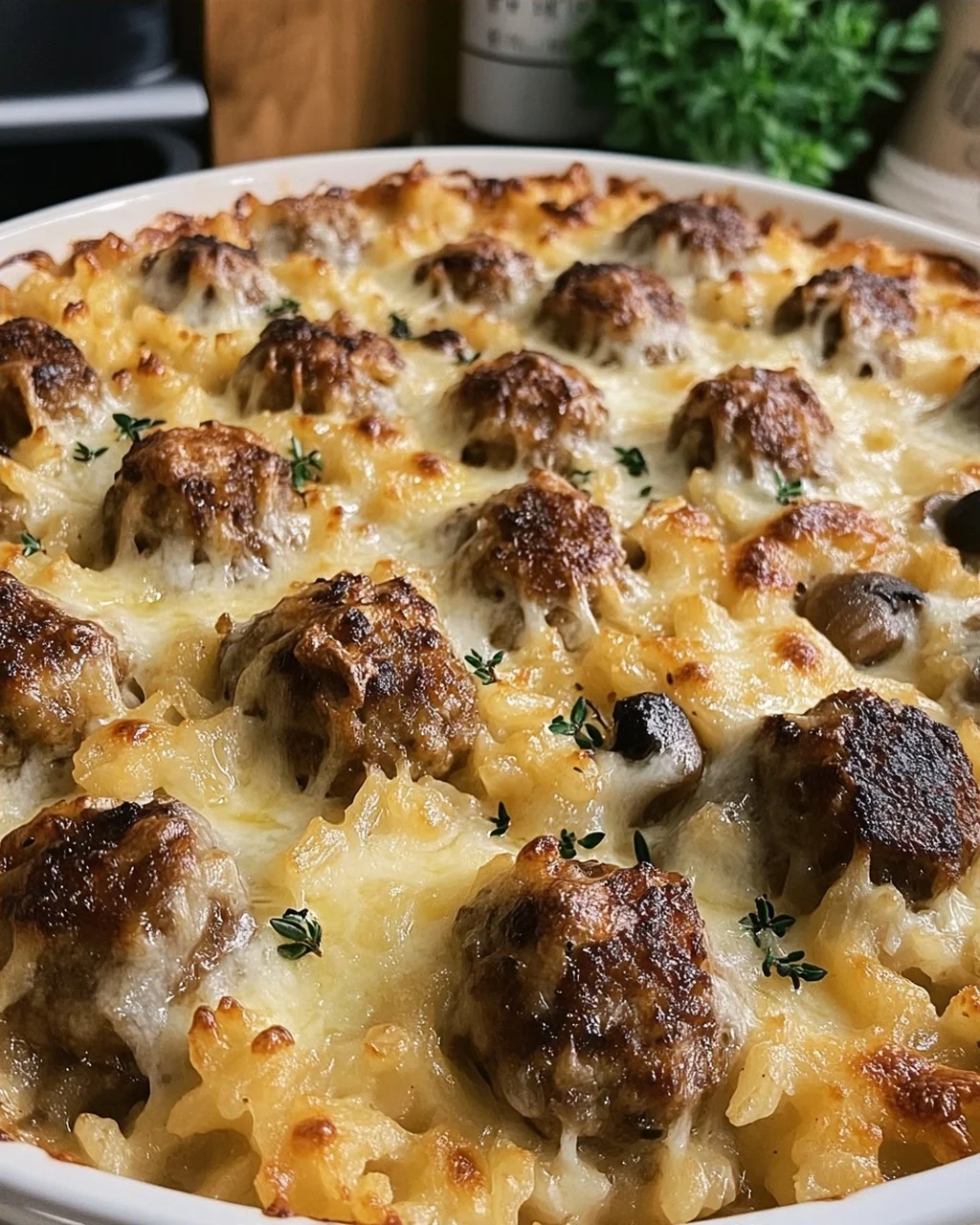 Cheesy Meatball & Mushroom Rice Casserole