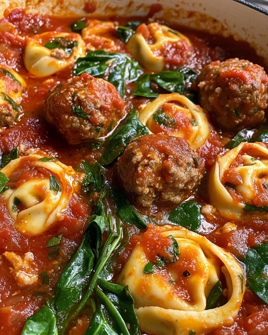 Cheesy Meatball Tortellini with Spinach in Tomato Sauce