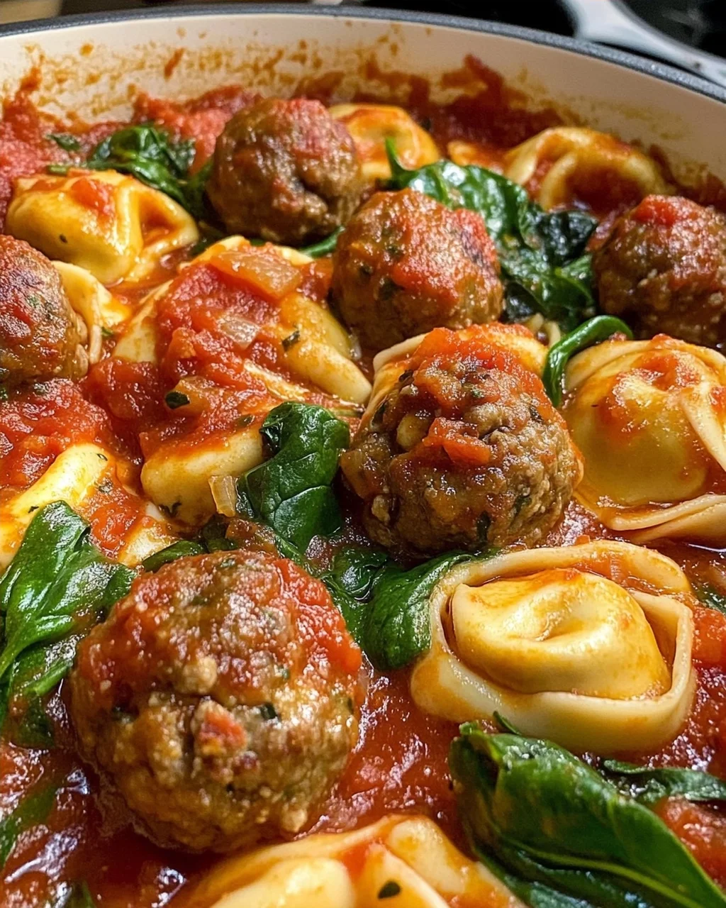 Cheesy Meatball Tortellini with Spinach in Tomato Sauce