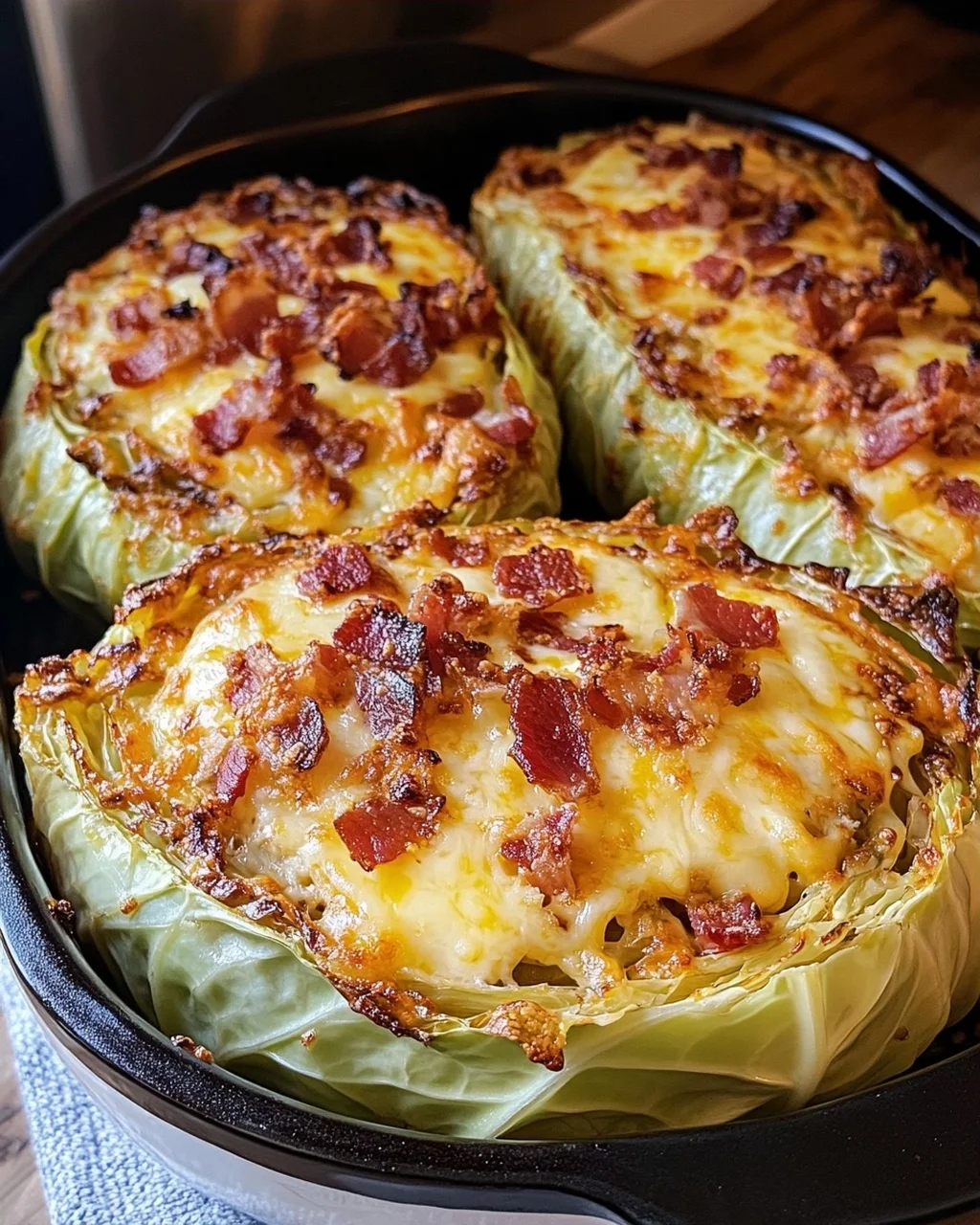 Cheesy Roasted Cabbage Boats with Crispy Turkey Bacon