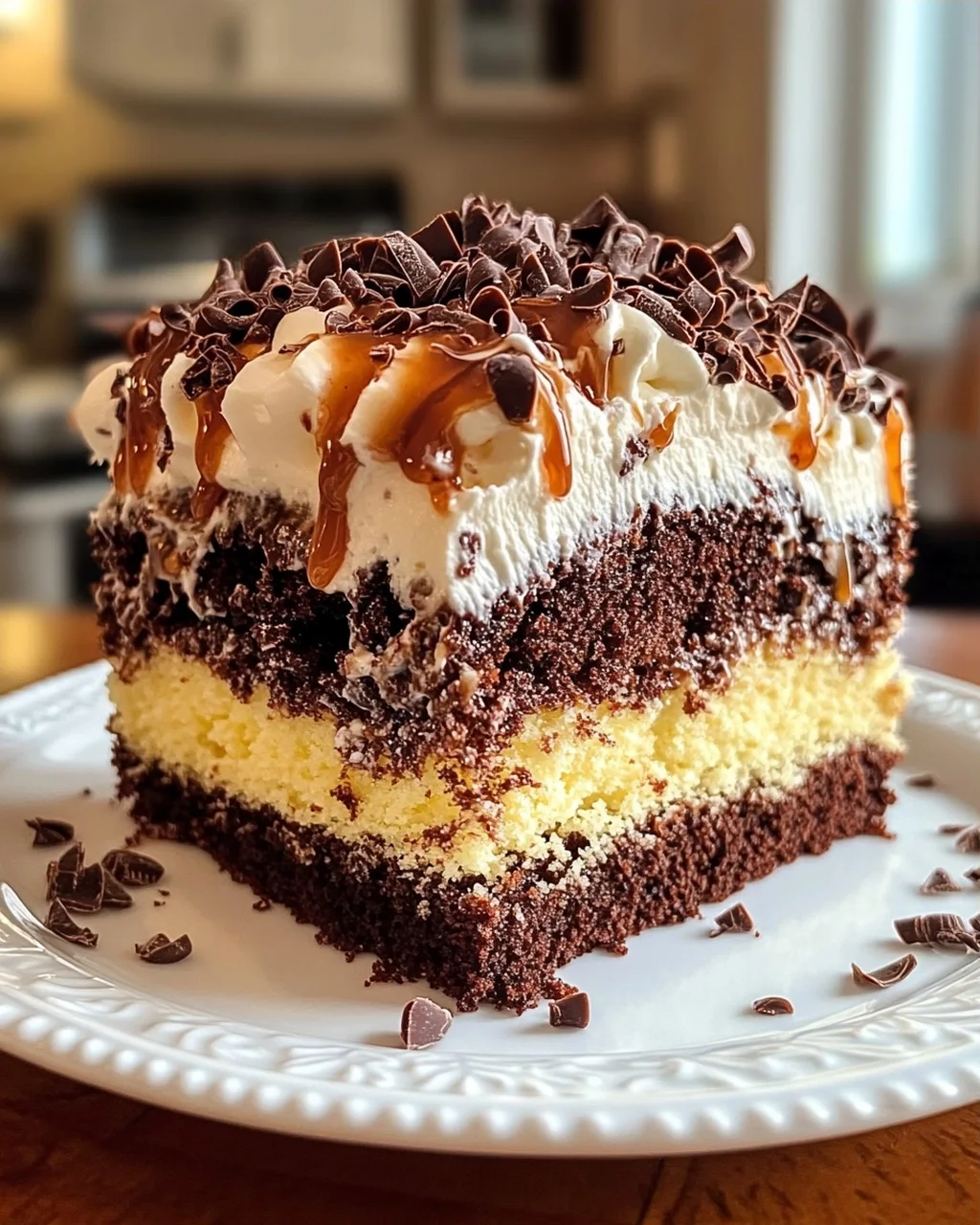 Chocolate Caramel Cake with Whipped Cream