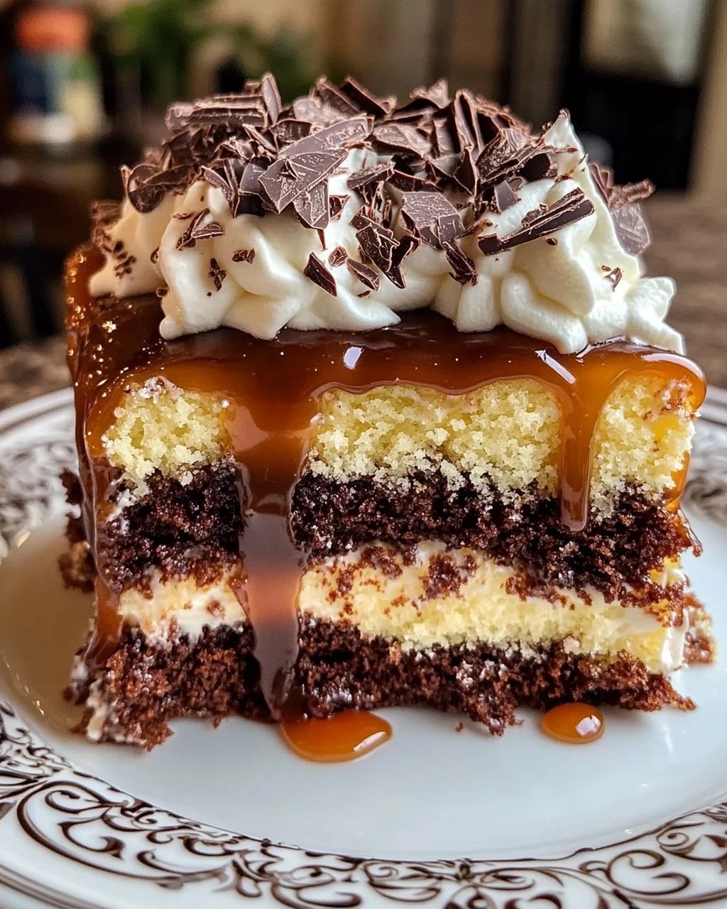 Chocolate Caramel Cake with Whipped Cream