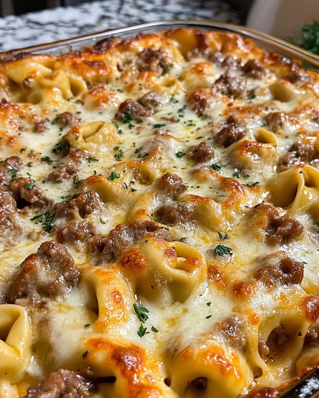 Creamy Cheesy Beef Tortellini Bake with Garlic & Herbs