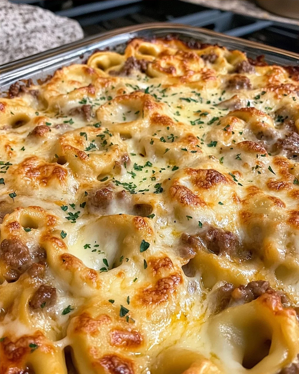 Creamy Cheesy Beef Tortellini Bake with Garlic & Herbs