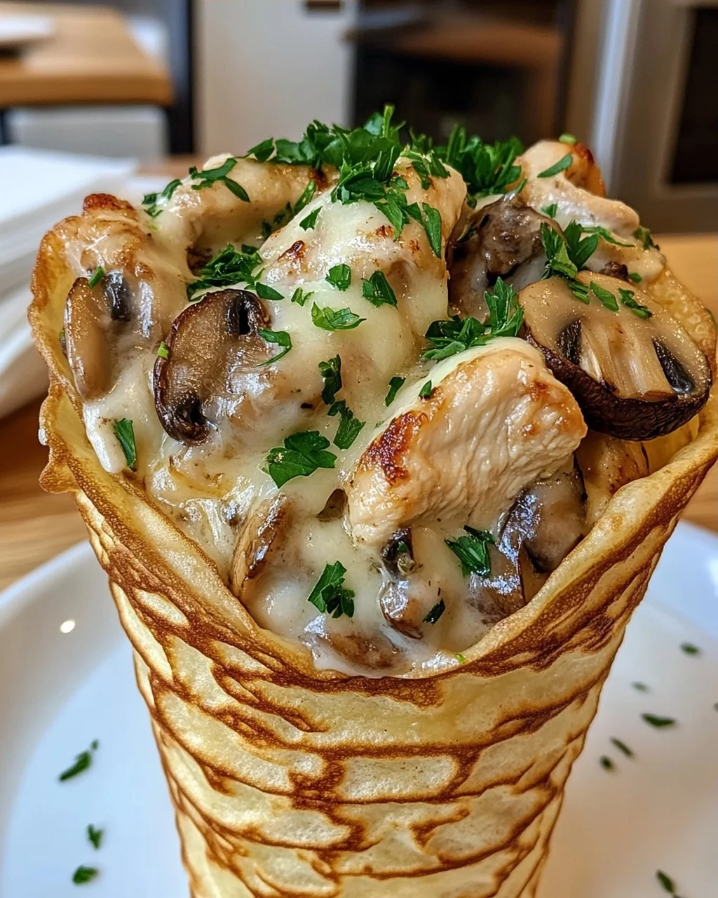 Creamy Garlic Chicken & Mushroom Crepe Cone