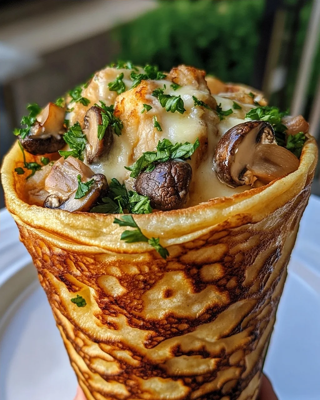 Creamy Garlic Chicken & Mushroom Crepe Cone