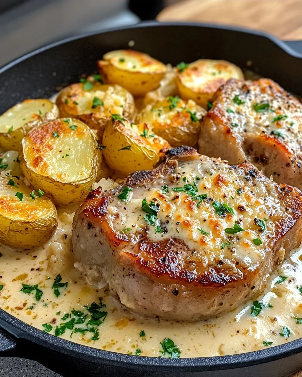Creamy Garlic Parmesan Pork Chops with Cheesy Potatoes