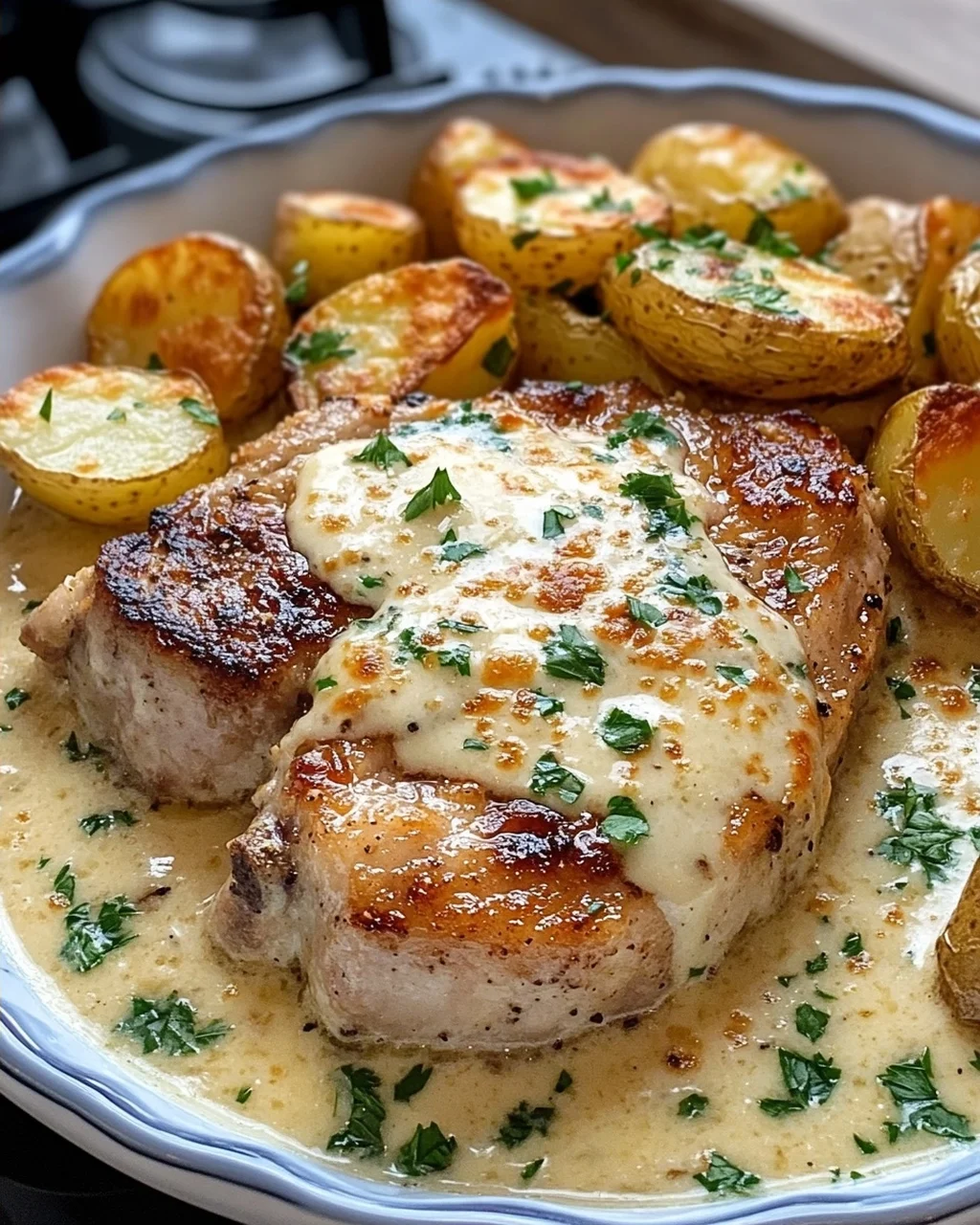 Creamy Garlic Parmesan Pork Chops with Cheesy Potatoes