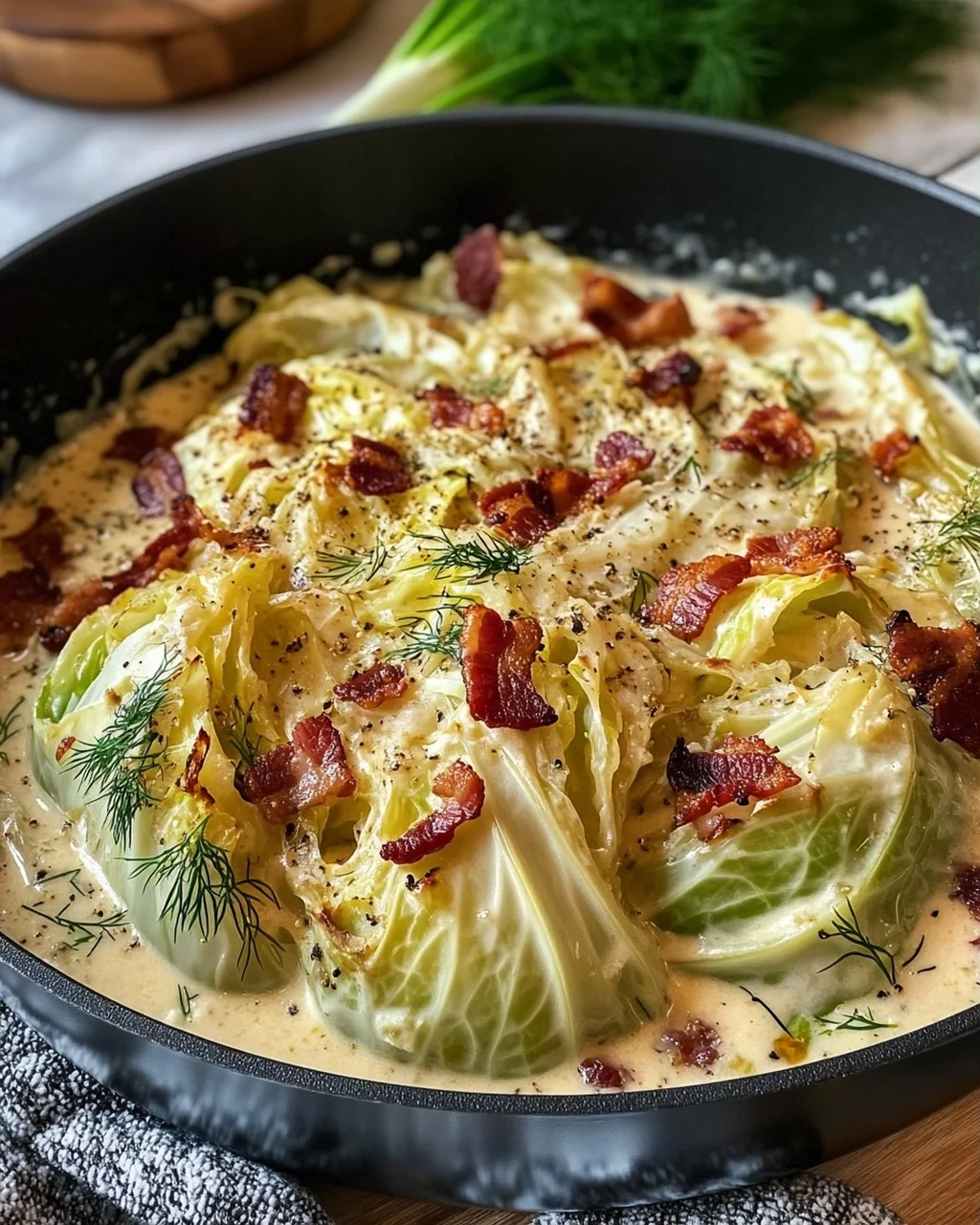 Creamy Skillet Cabbage with Bacon and Dill