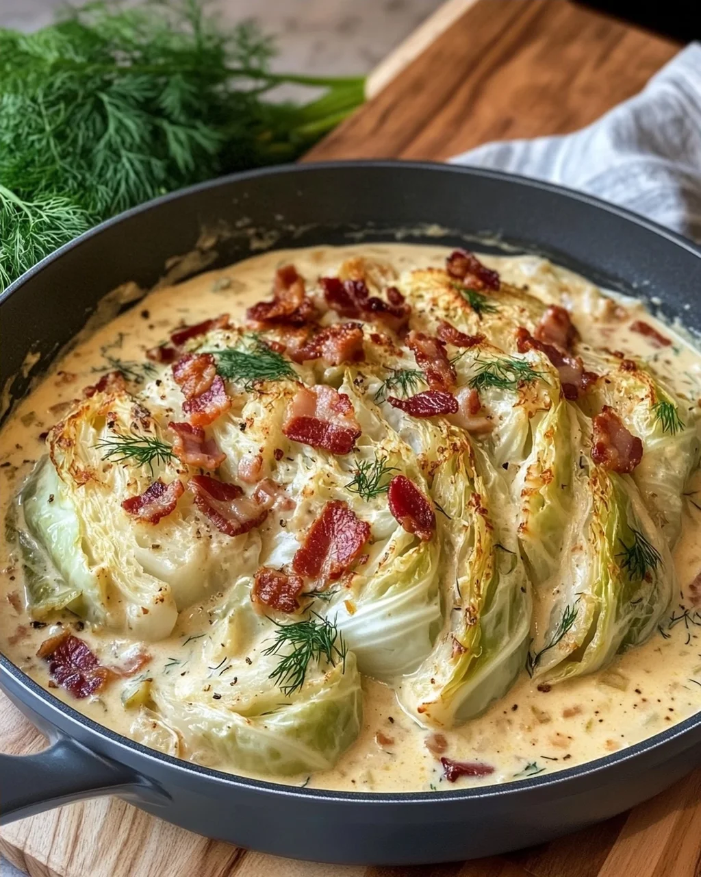 Creamy Skillet Cabbage with Bacon and Dill