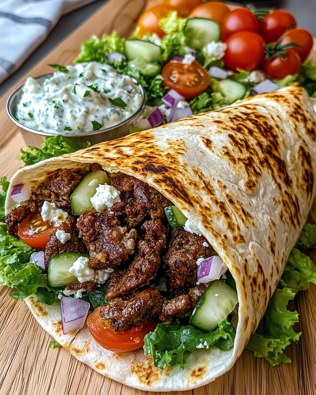 Crispy Beef Gyro Wraps with Creamy Tzatziki, Feta & Fresh Greek Salad