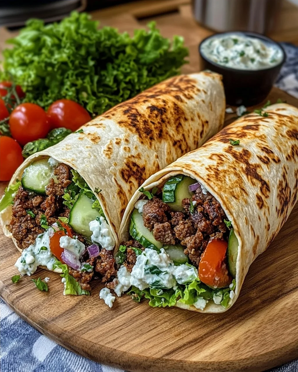 Crispy Beef Gyro Wraps with Creamy Tzatziki, Feta & Fresh Greek Salad
