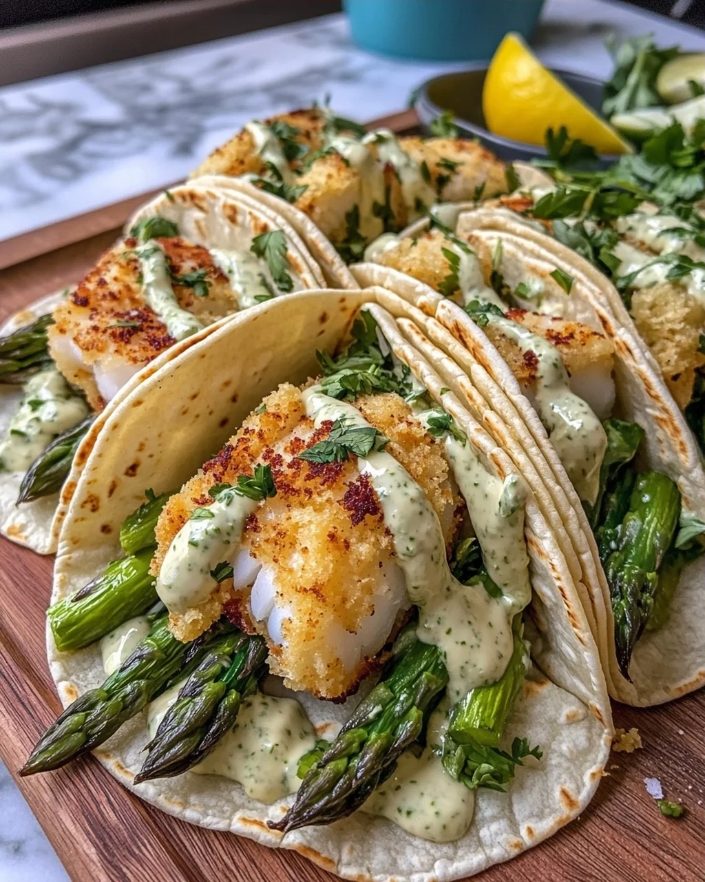 Crispy Garlic Cod & Asparagus Tacos with Creamy Lemon Herb Sauce