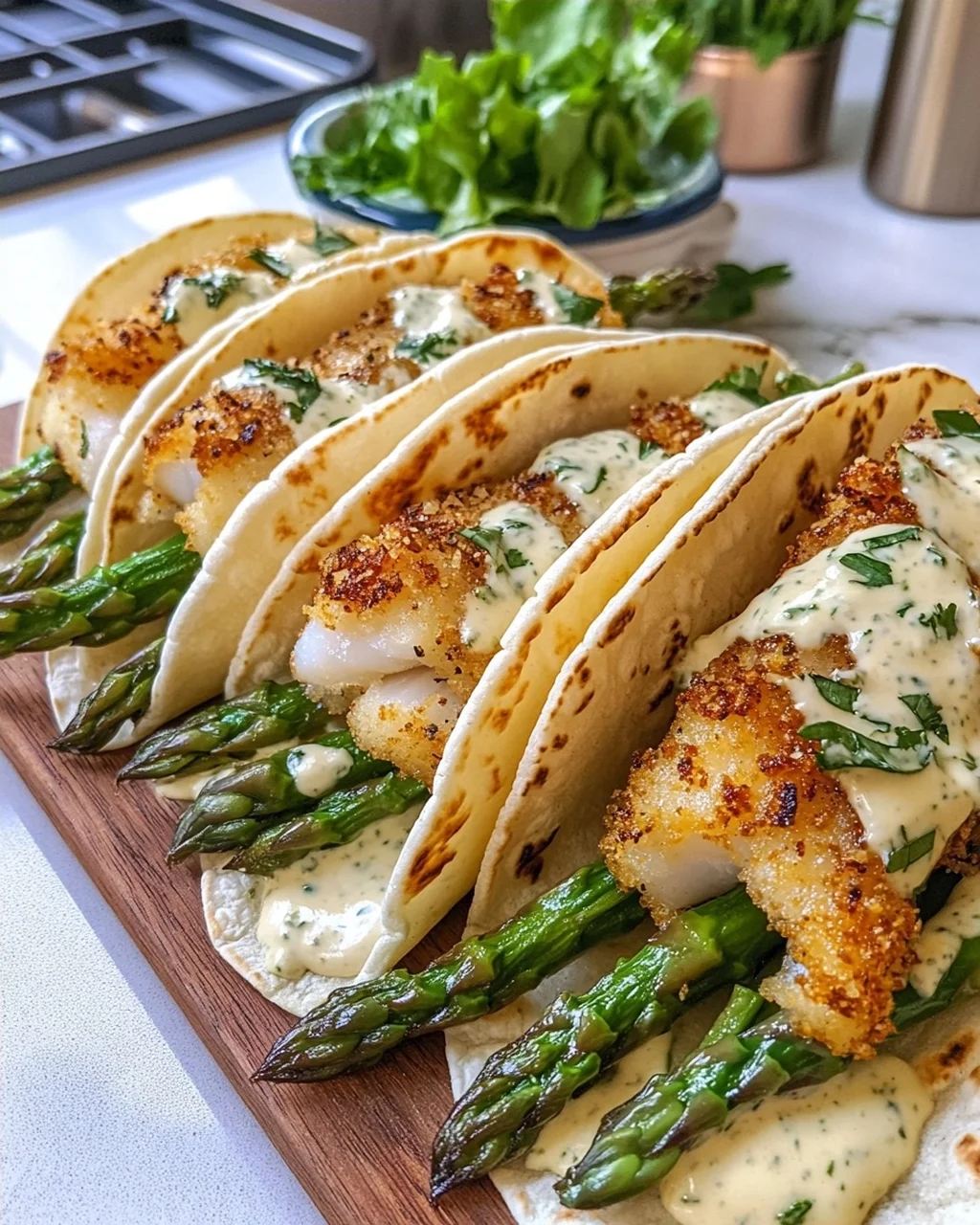 Crispy Garlic Cod & Asparagus Tacos with Creamy Lemon Herb Sauce