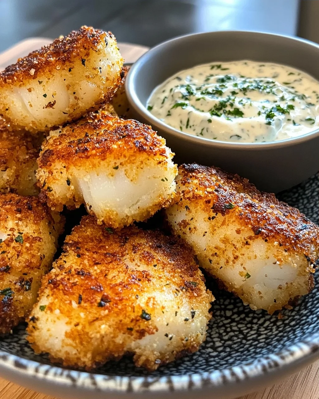 Crispy Garlic Parmesan Cod Bites with Creamy Herb Dip