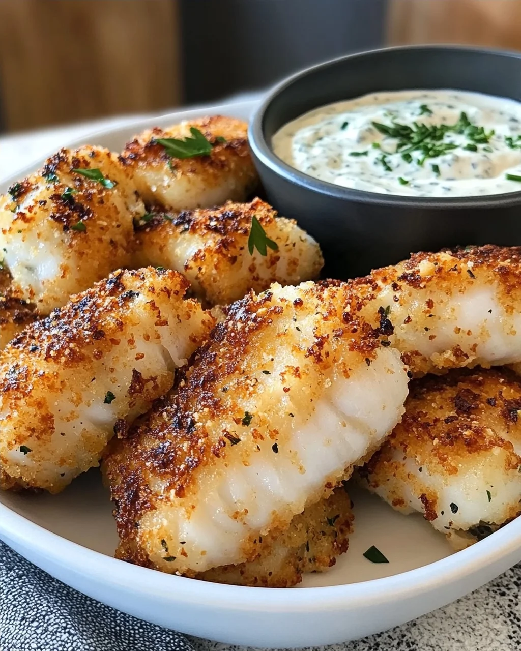 Crispy Garlic Parmesan Cod Bites with Creamy Herb Dip