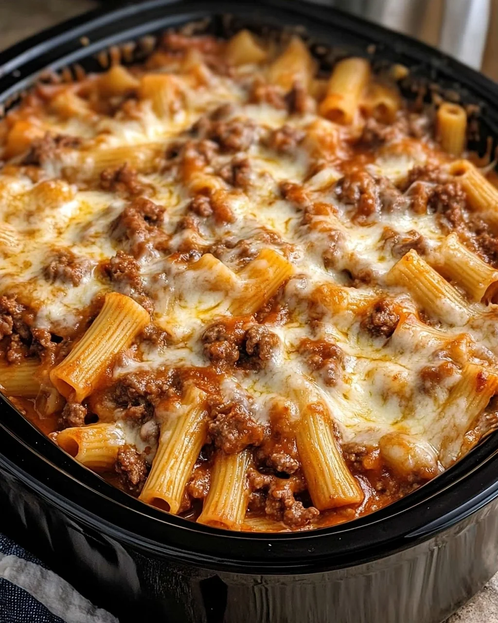 Crockpot Cheesy Beef Rigatoni.