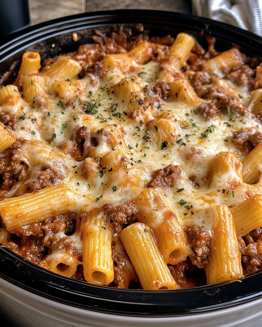 Crockpot Cheesy Beef Rigatoni.