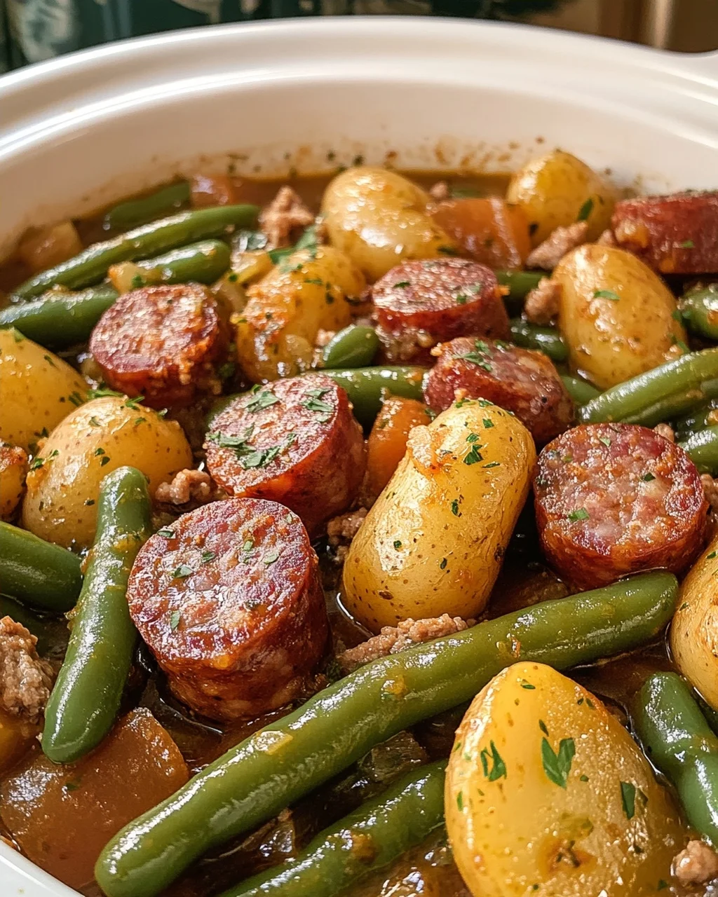 Crockpot Sausage, Green Beans & Potatoes