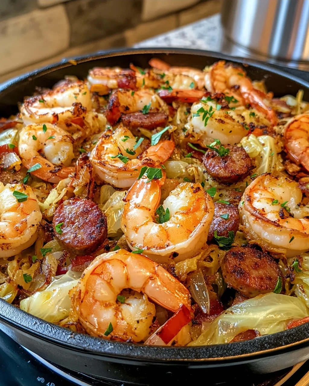 Fried Cabbage with Shrimp and Sausage