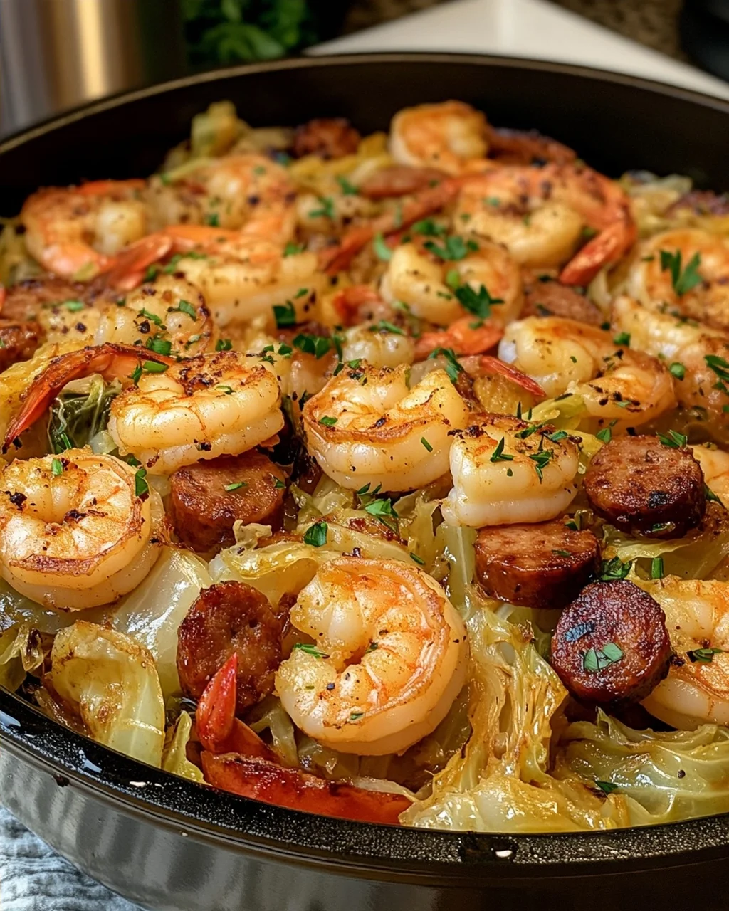 Fried Cabbage with Shrimp and Sausage